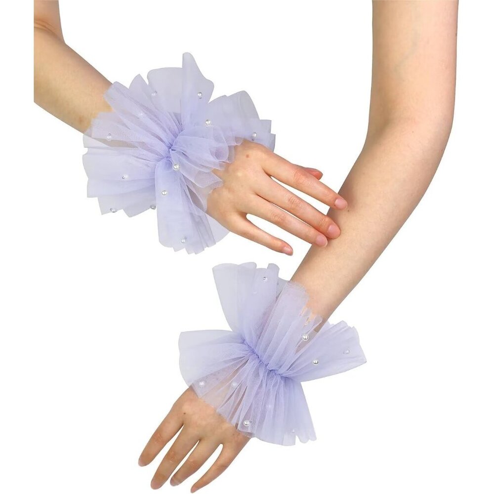 Women's Lavender Short Mesh Tulle Pearl Lace Arm Sleeves Gloves Wedding Party